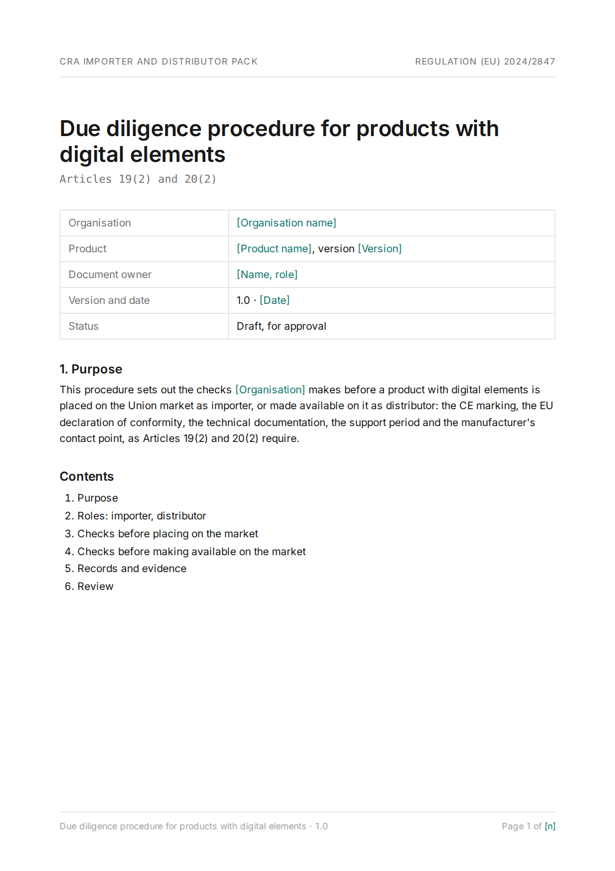 Erste Seite der Due diligence procedure for products with digital elements, ein Beispiel