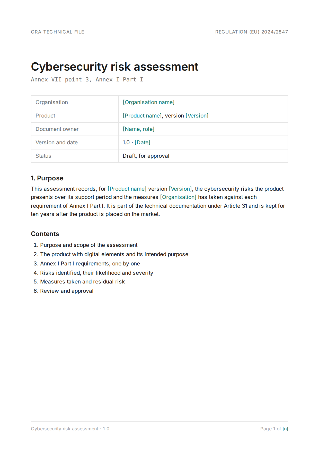 First page of the Cybersecurity risk assessment, a sample