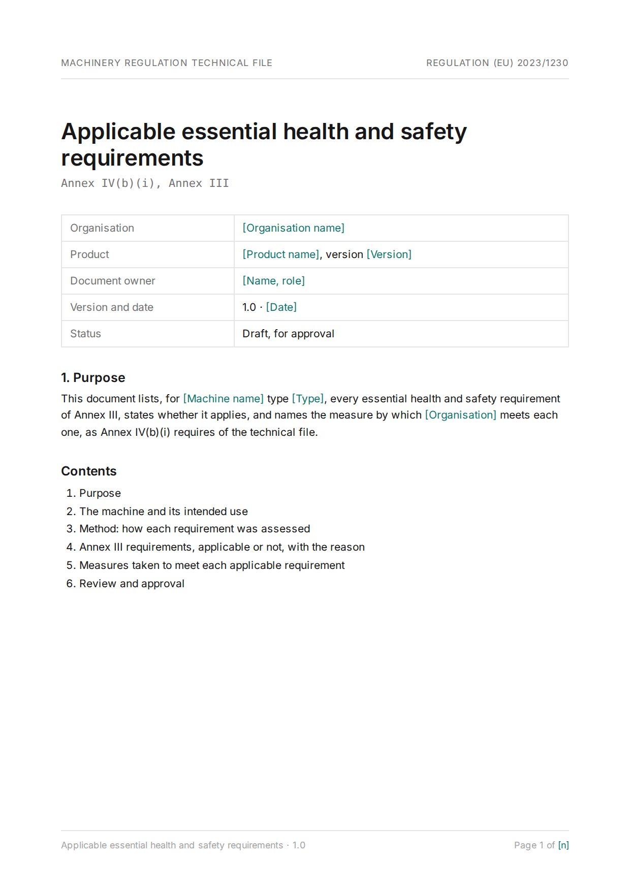 First page of the Applicable essential health and safety requirements, a sample